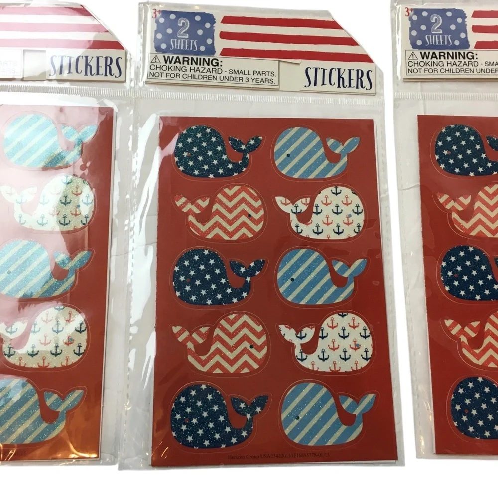 Patriotic Whale Glitter Stickers July 4th Stars Stripes Chevron 60 Total NEW